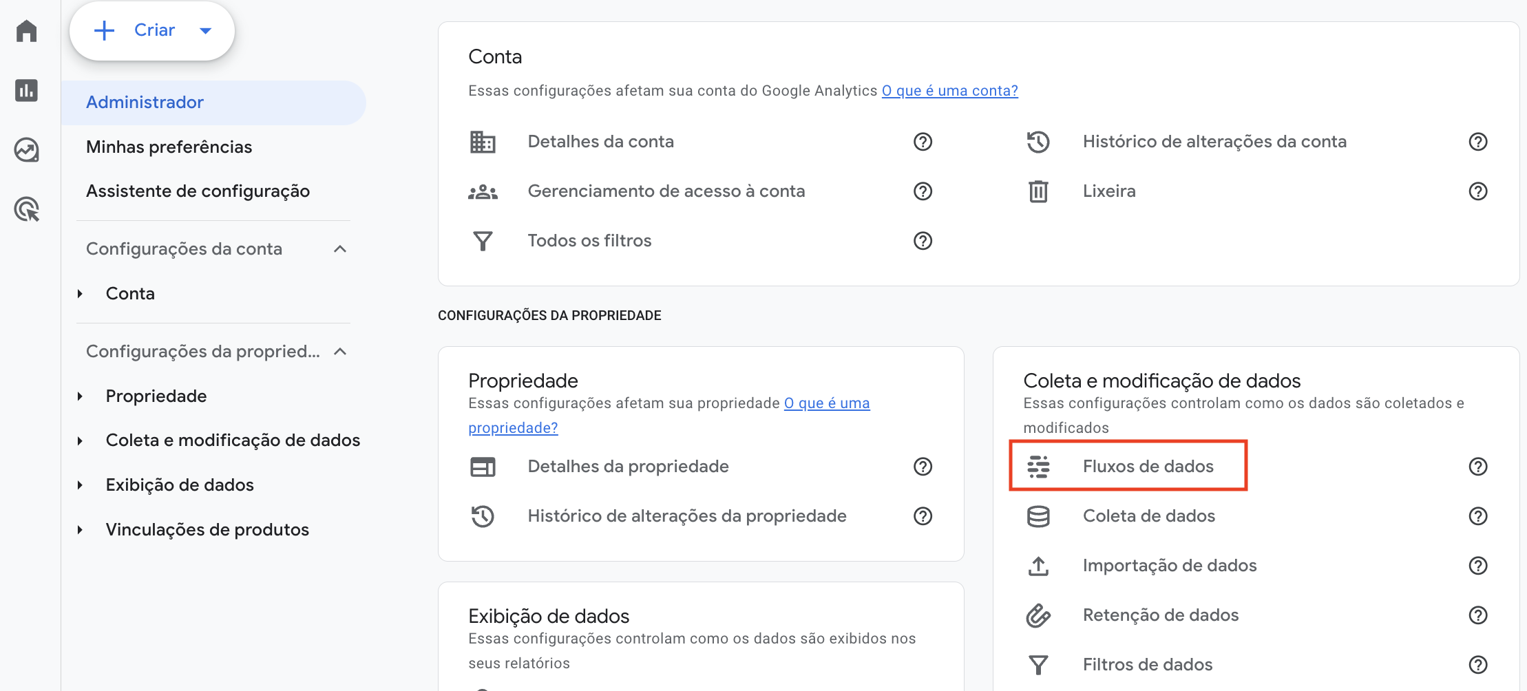 botão de fluxo de dados em configurações de propriedade