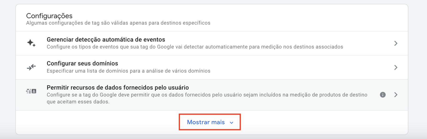 mostrar mais das configurações da tag do GA4