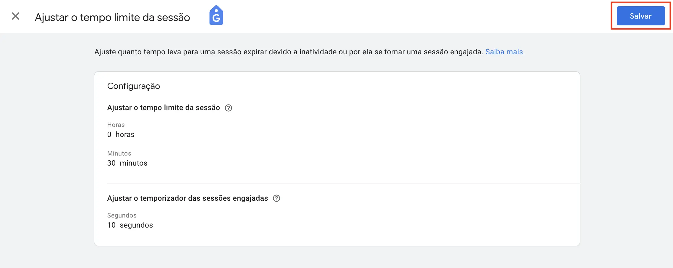 Salvar ajuste do tempo limite de sessão no GA4